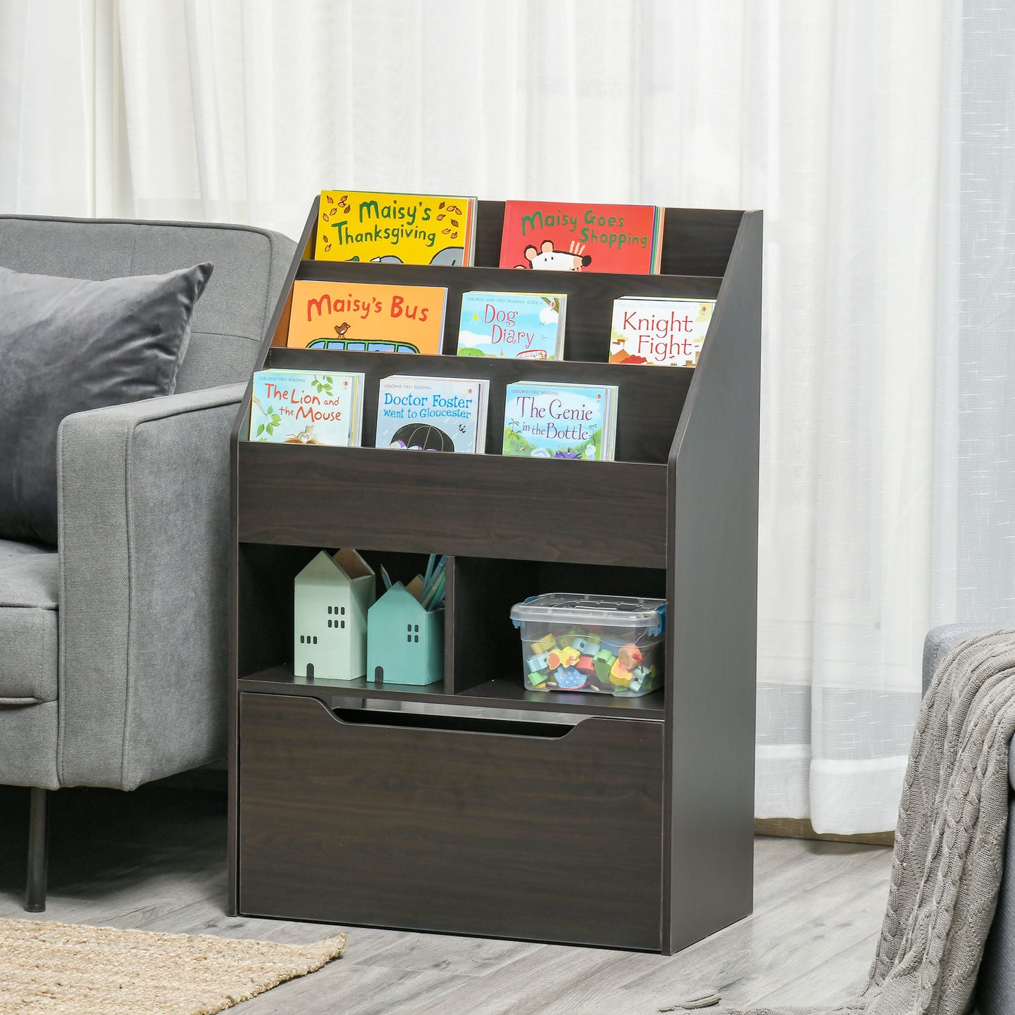 Bibliothèque enfants avec rangement tiroir roulettes