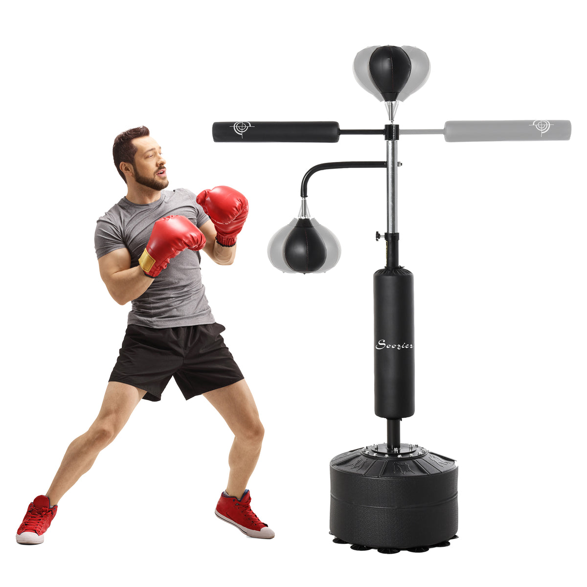 Sac de frappe sur pied 4-en-1 avec barre de reflexe