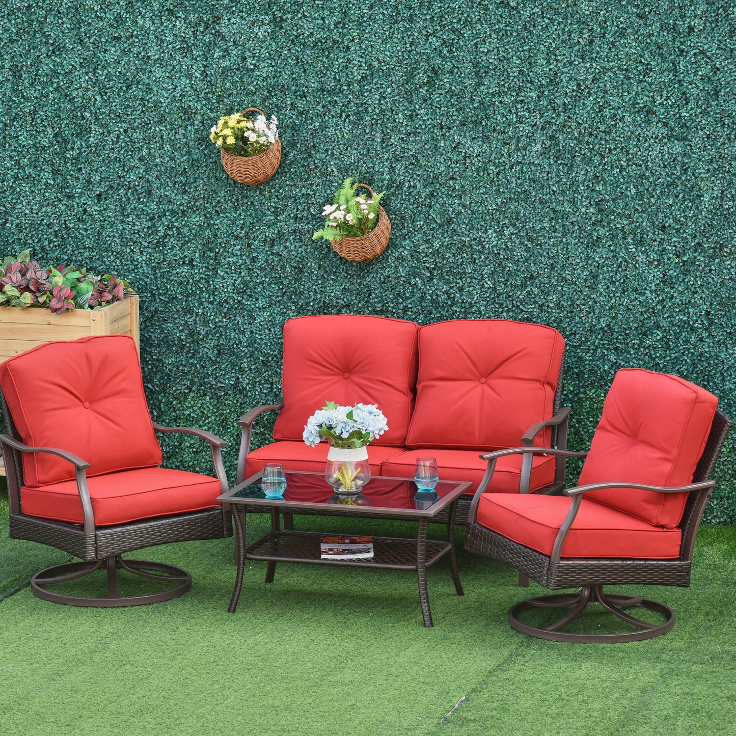 Outsunny 4 Piece Red PE Rattan Patio Set - Sofas + Coffee Table