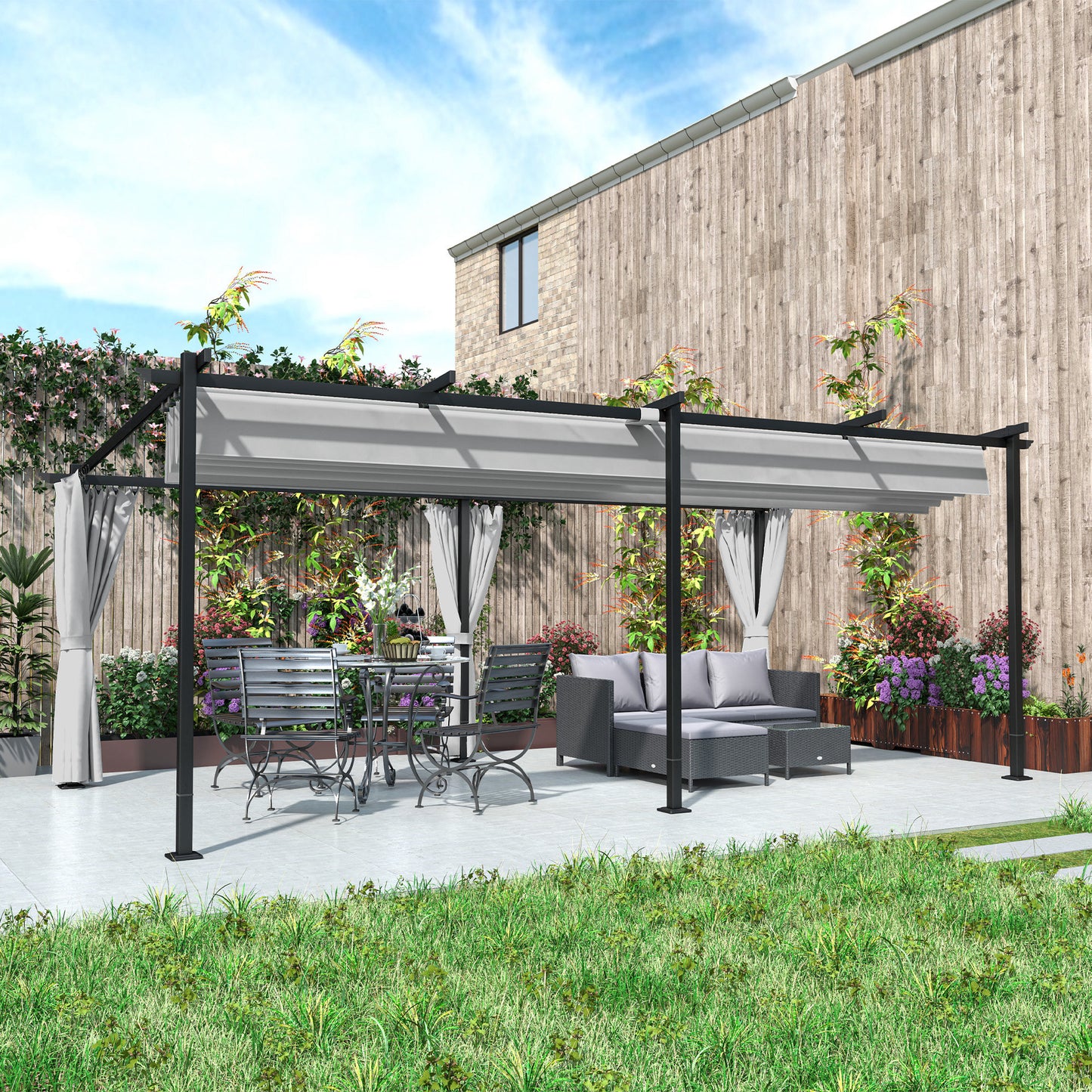 Pergola rétractable en métal avec rideaux latéraux