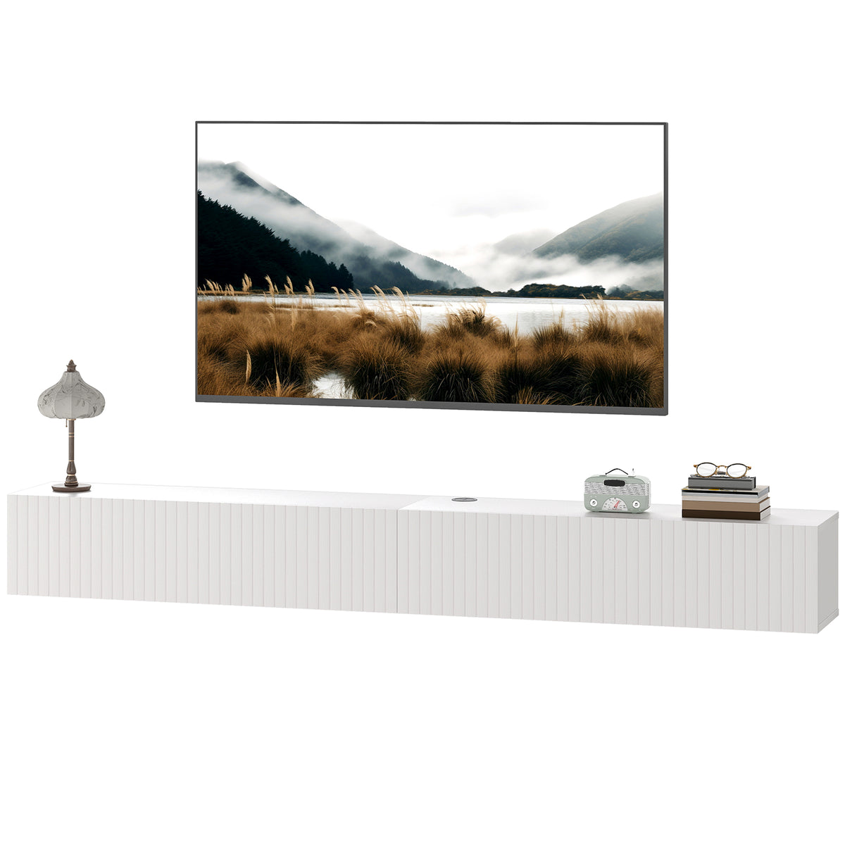 Meuble TV mural flottant avec portes cannelées 180 cm