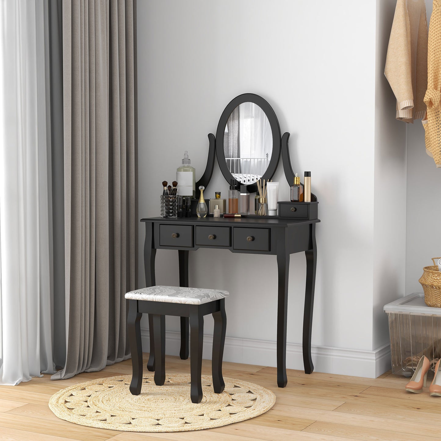 Coiffeuse avec tabouret miroir rotatif 360° 5 tiroirs