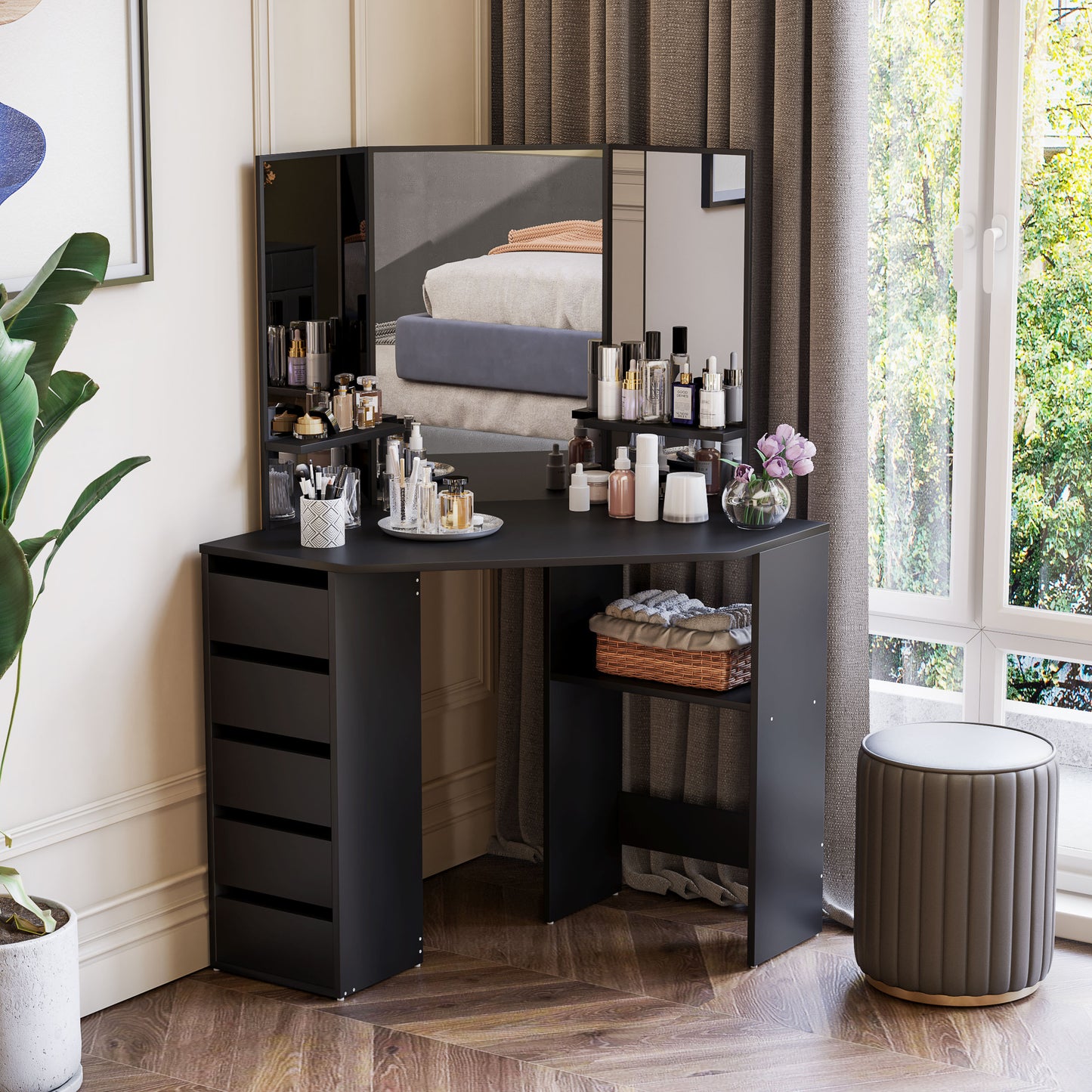 Table de maquillage d'angle miroir triptyque avec tiroirs