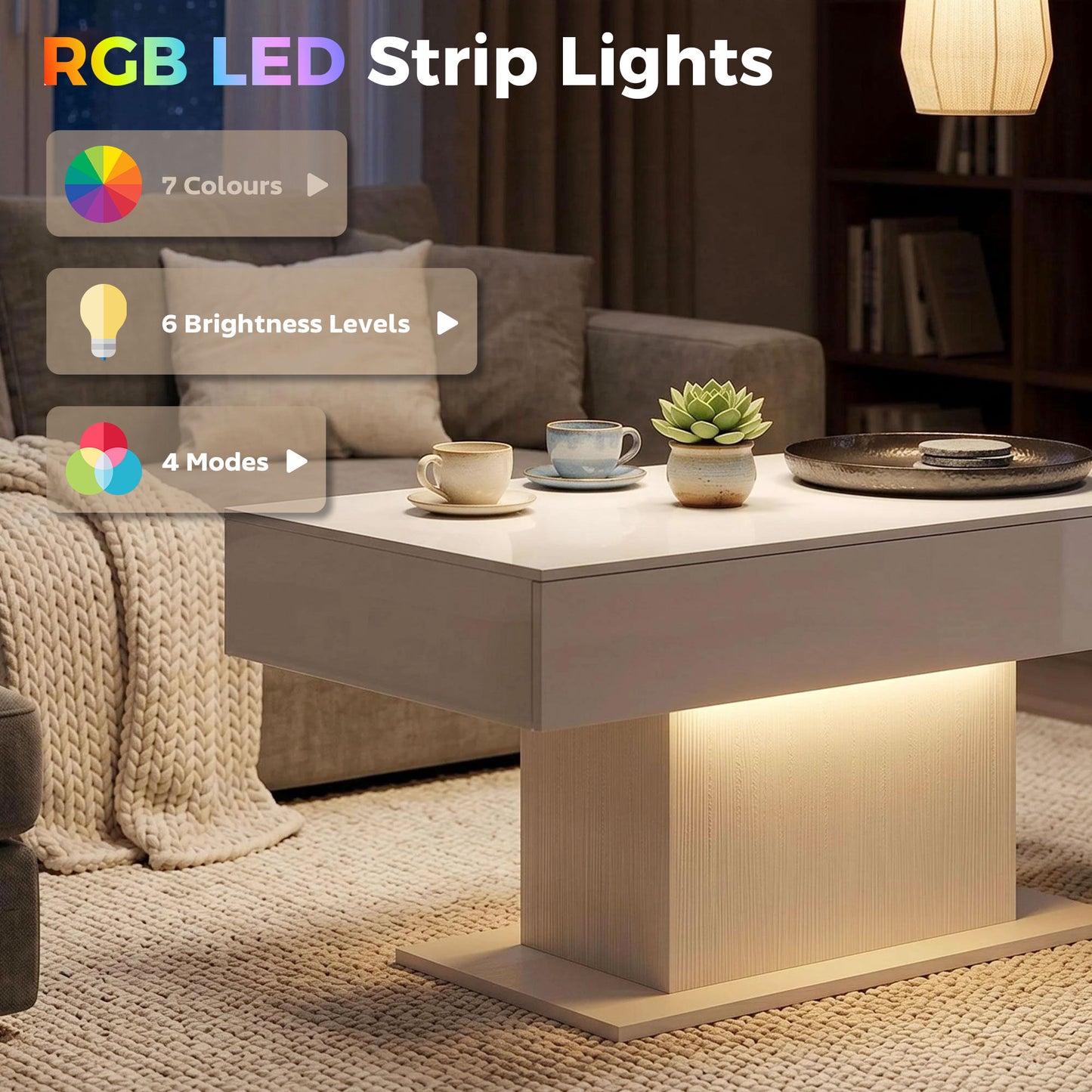 Table de salon DEL RGB avec 2 tiroirs haute brillance