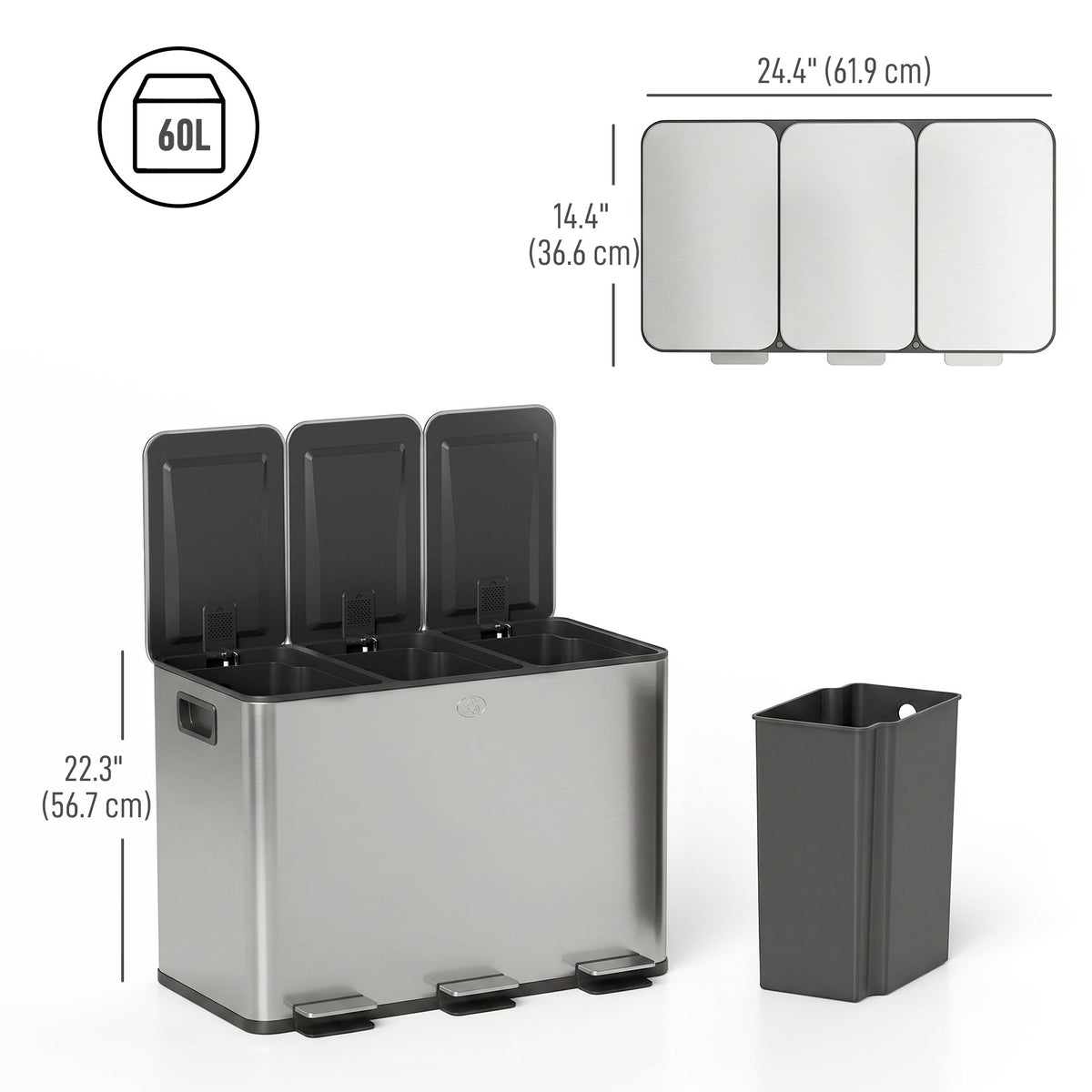 Poubelle triple compartiment fermeture douce pédale