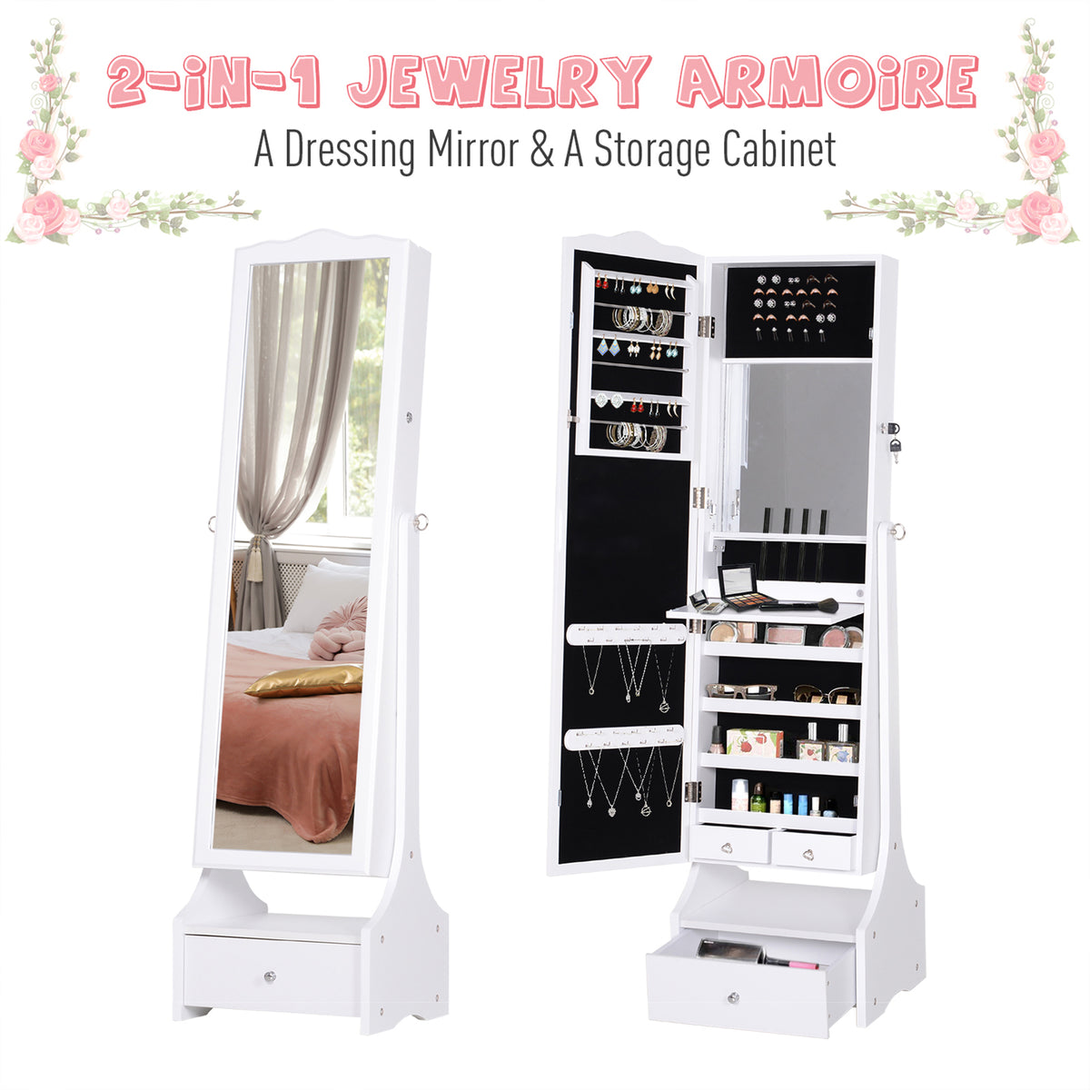 Armoire à bijoux sur pied avec miroir pleine longueur