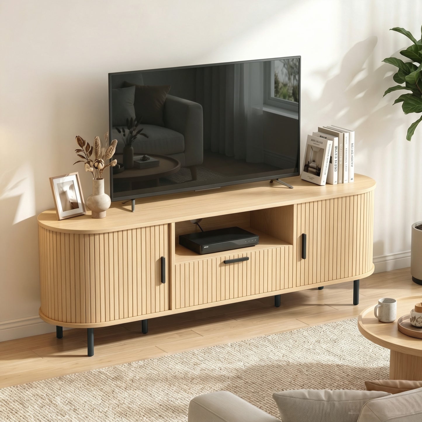 Meuble télé portes coulissantes courbées pour téléviseurs jusqu'à 60 po