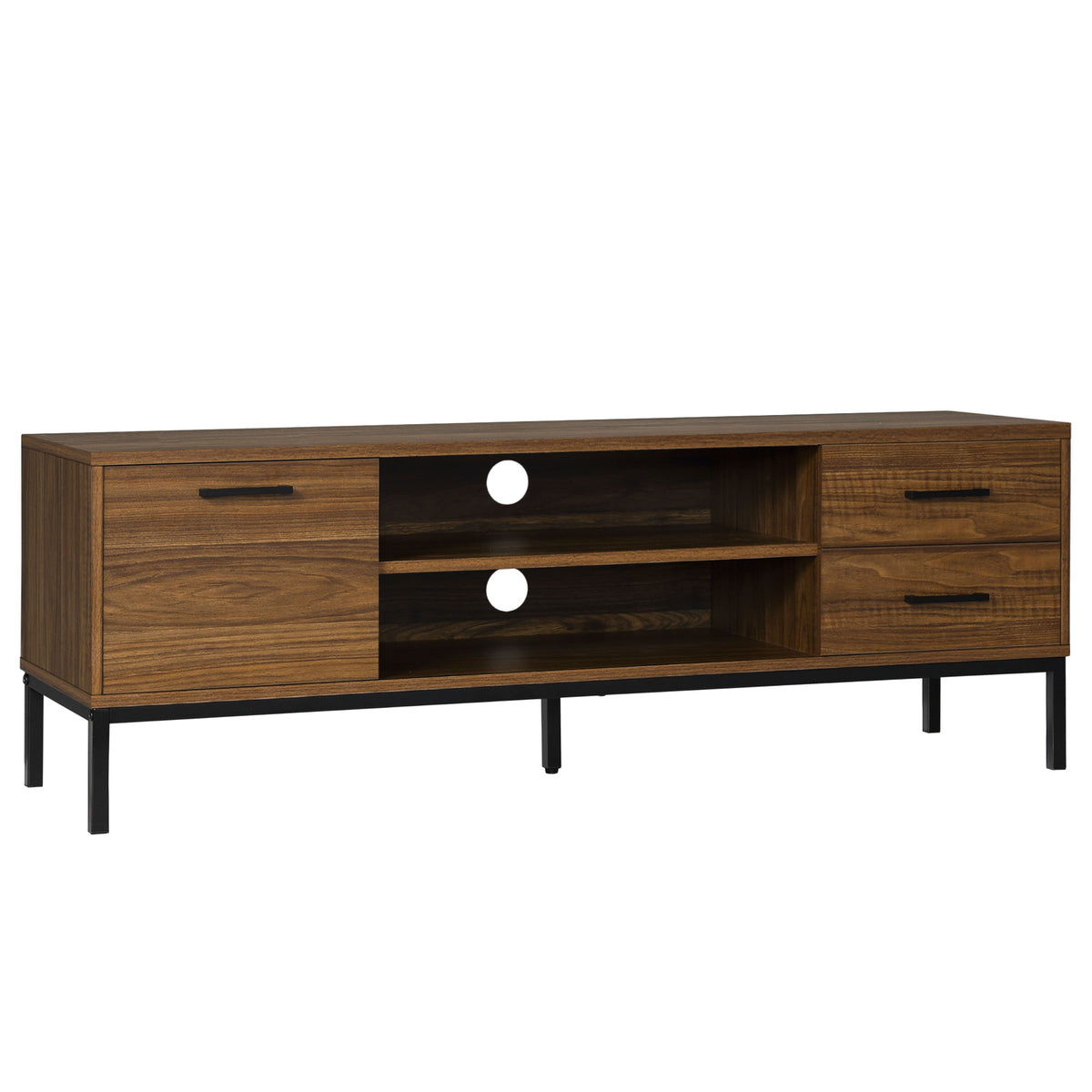 Meuble TV moderne avec rangement et tablettes ouvertes