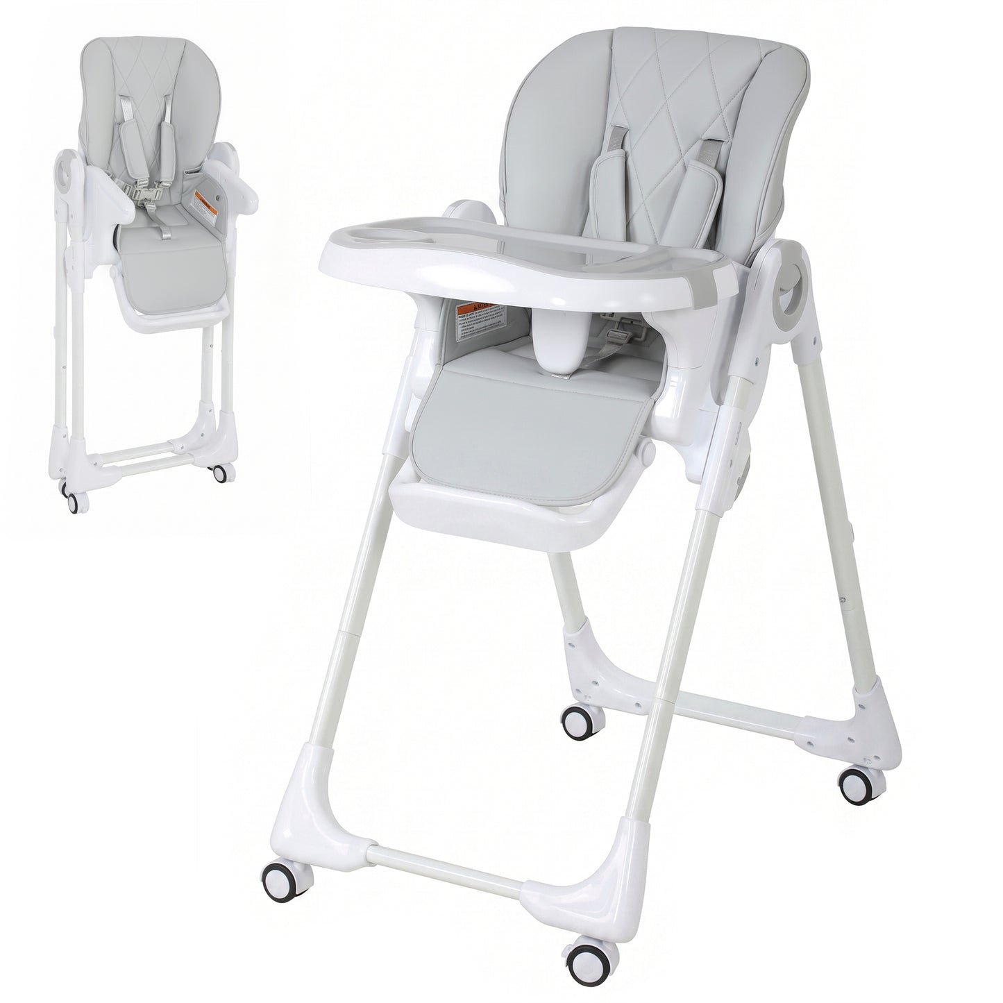 Chaise haute pliable avec double plateau et roulettes
