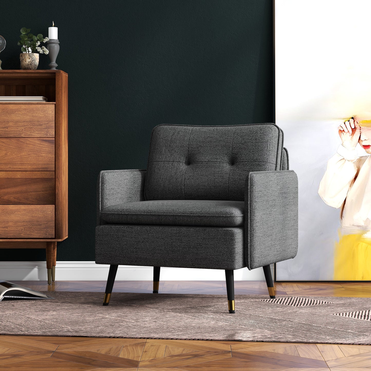Fauteuil d'accent rembourré dossier capitonné pieds acier