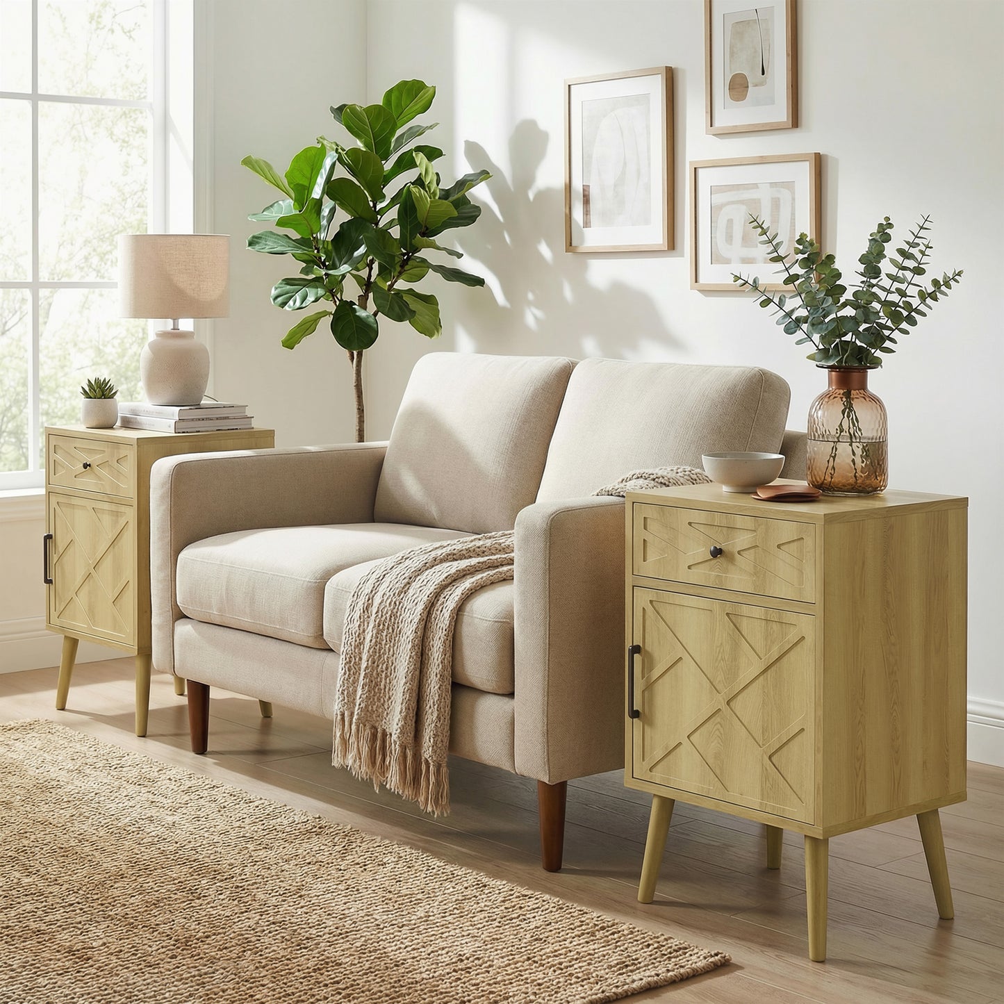 Tables de chevet avec tiroir et cabinet — lot de 2
