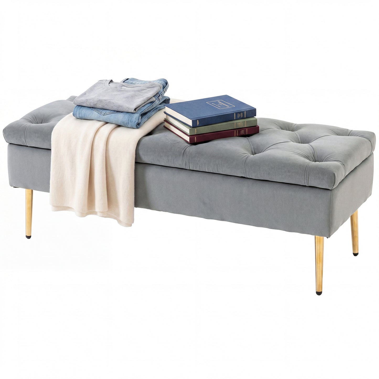 Banc coffre rembourré velours touffeté pieds dorés