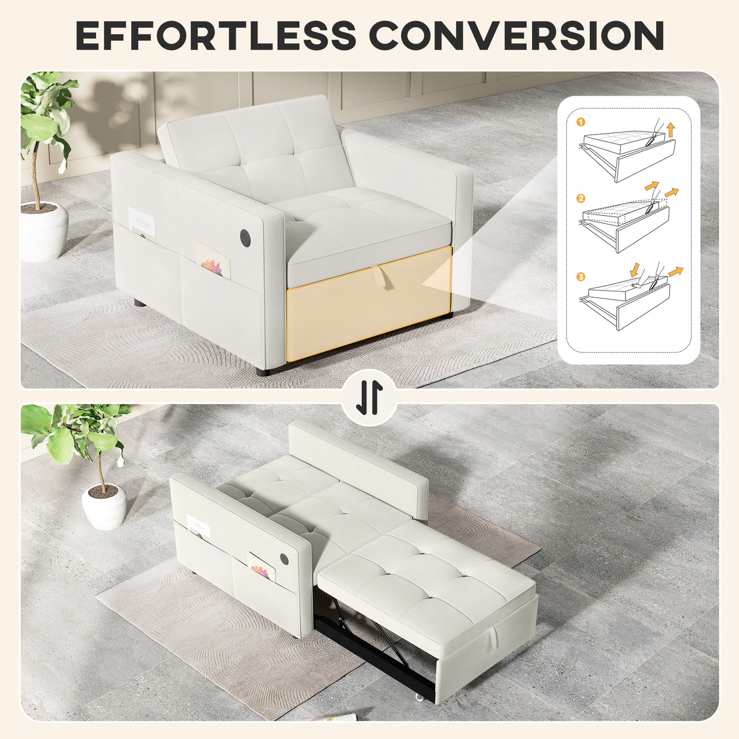 Fauteuil-lit convertible en velours avec USB