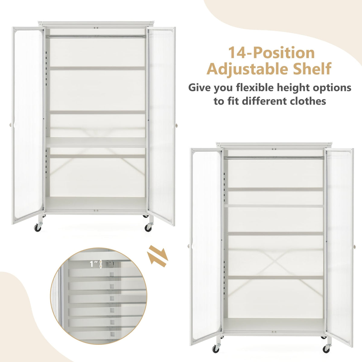 Armoire de rangement sur roulettes avec tringle et étagère