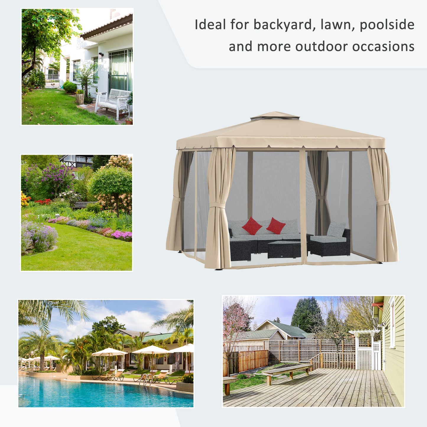 Gazebo de patio double toit avec rideaux et moustiquaire