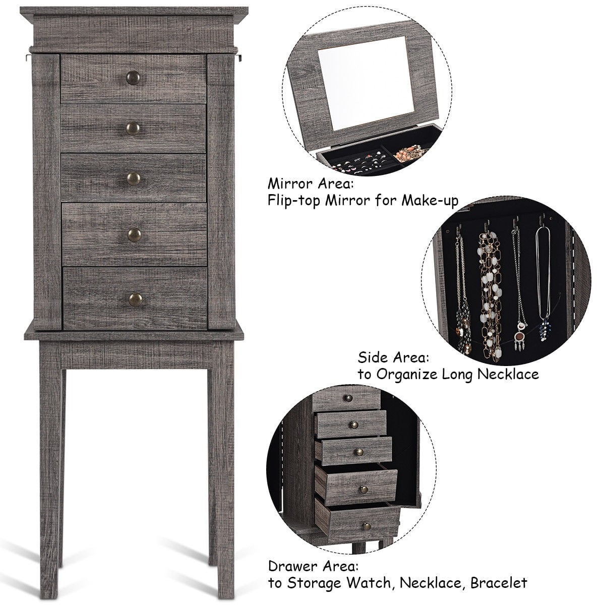 Armoire à bijoux sur pied avec miroir et pattes en bois