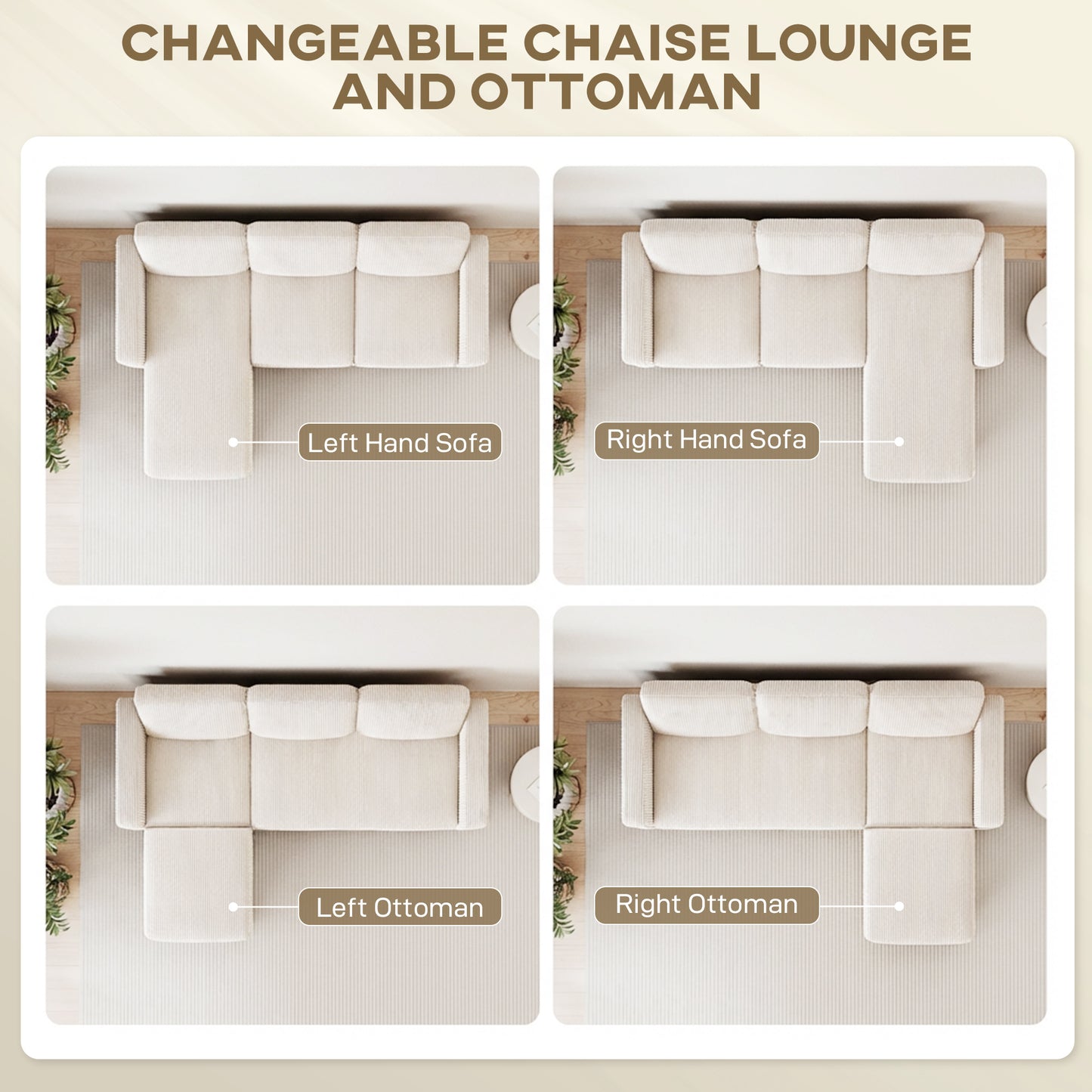 Sofa sectionnel en L avec chaise longue ou pouf