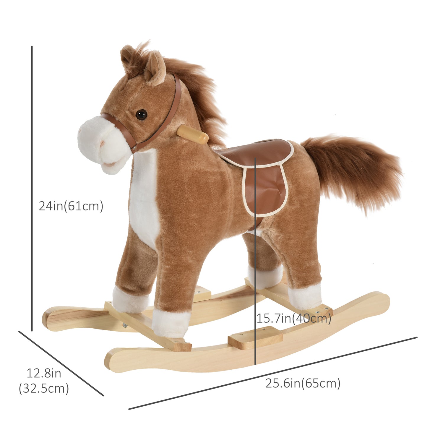 Cheval à bascule en peluche avec sons et base en bois