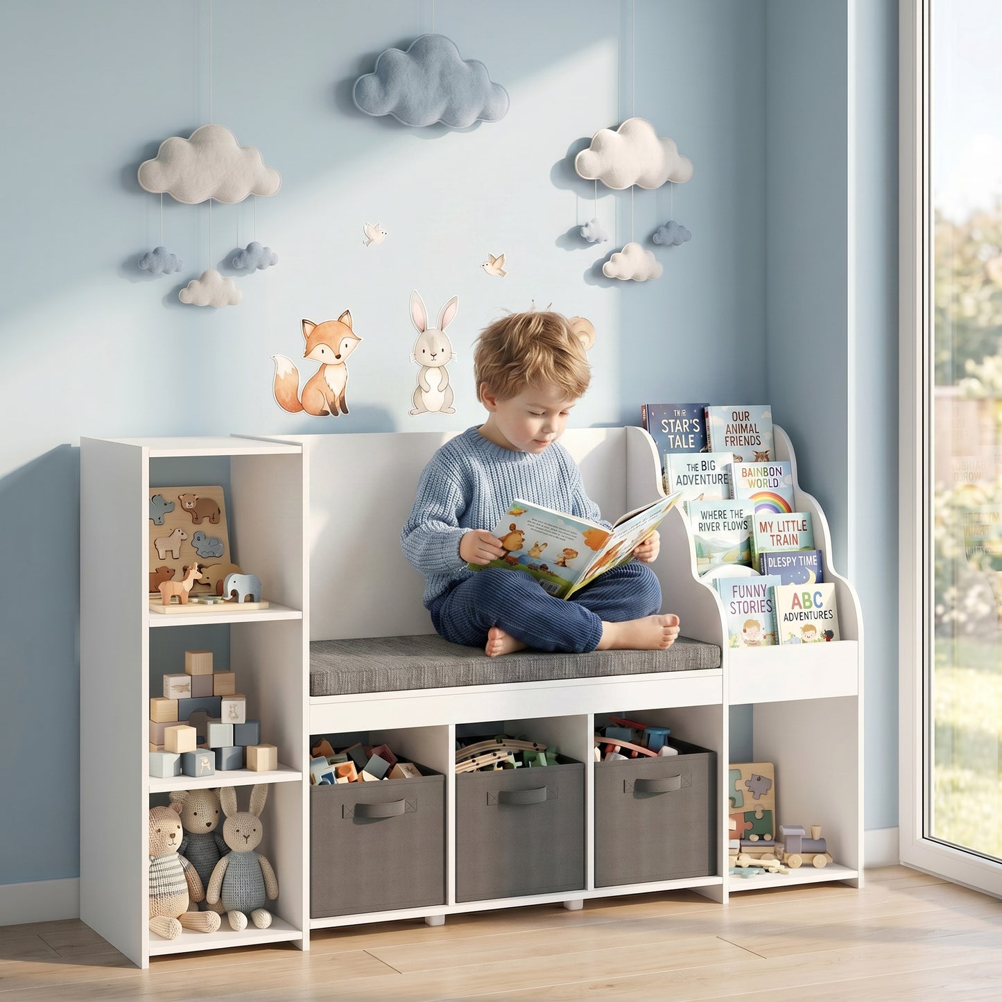 Bibliothèque enfant avec coin lecture et tiroirs
