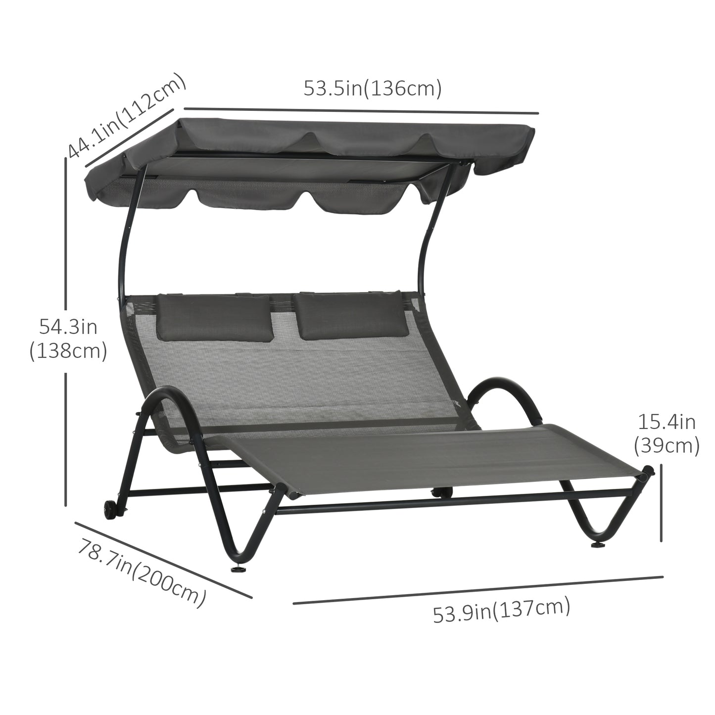 Chaise longue double avec parasol et roulettes