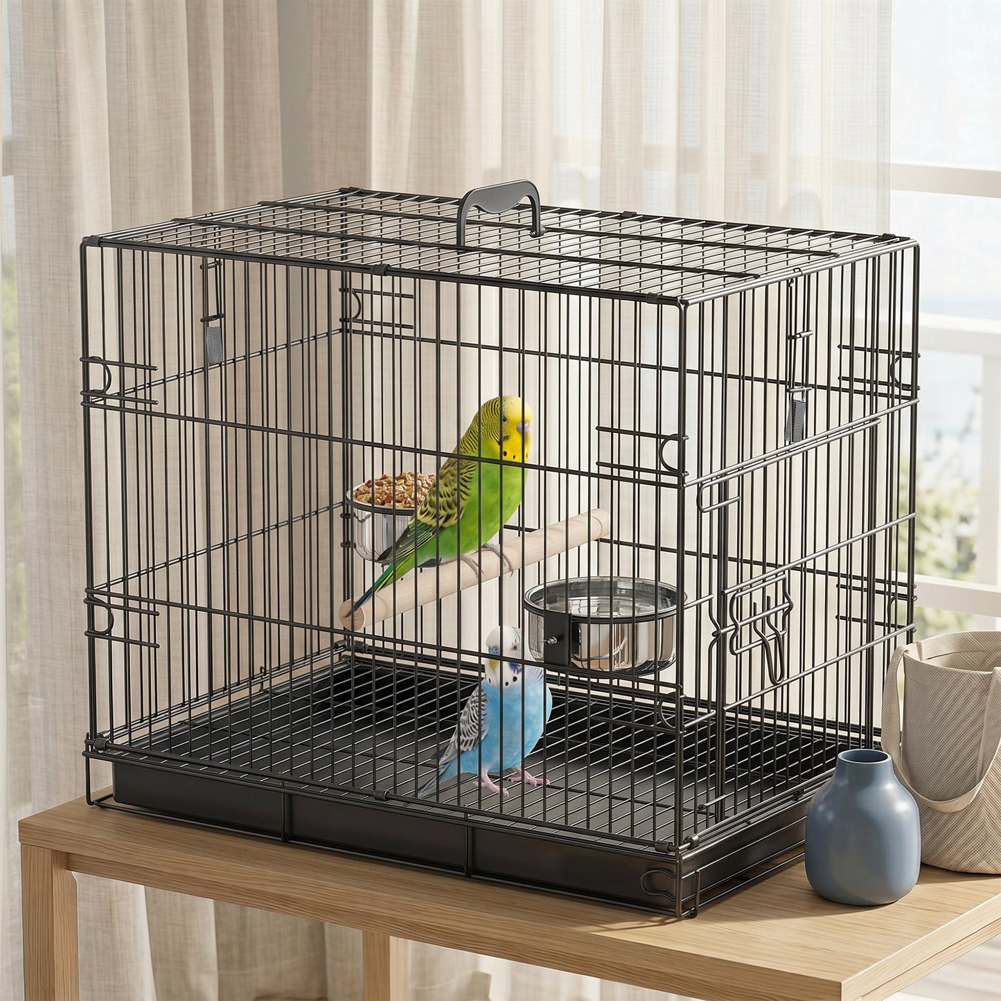Cage à oiseaux portable avec plateau coulissant et perchoir