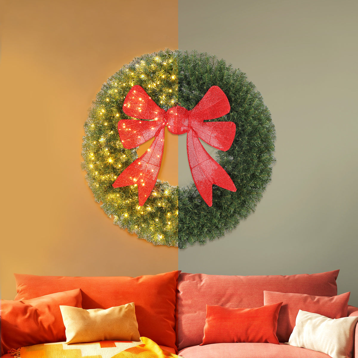 Couronne de Noël illuminée nœud 3D 91 cm
