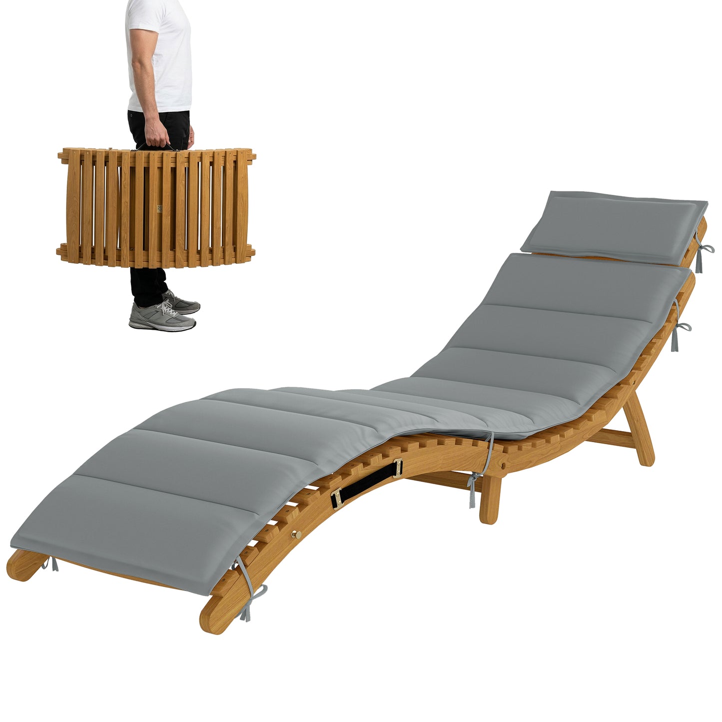 Chaise longue pliante en bois d'acacia avec coussin