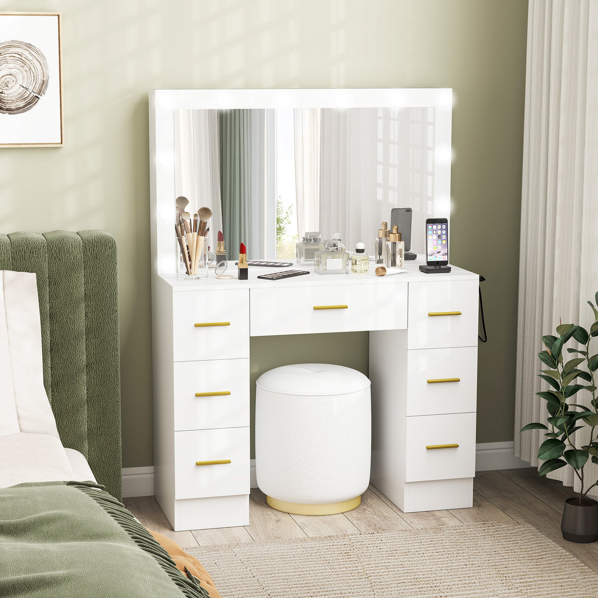 Coiffeuse avec miroir lumineux et 7 tiroirs