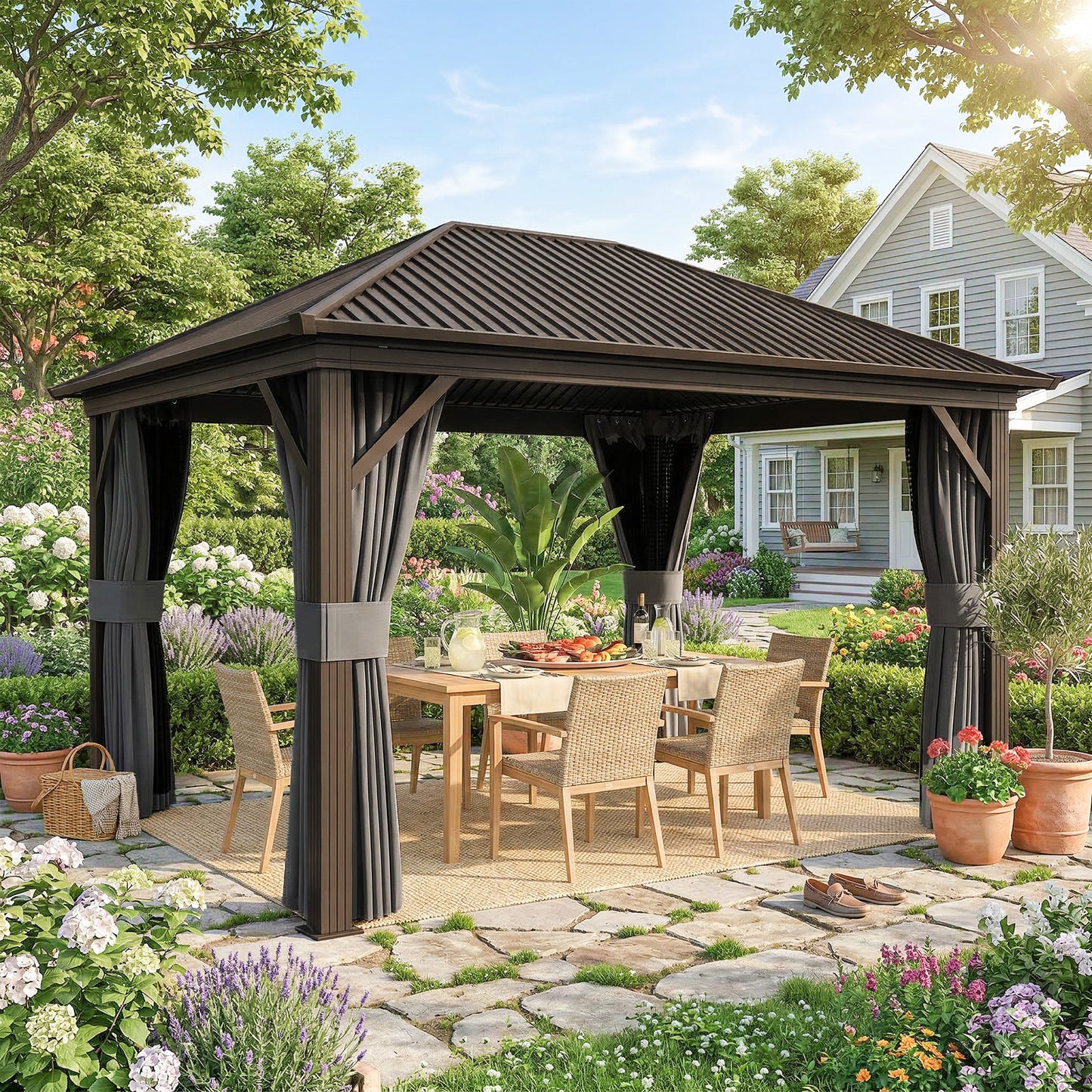Gazebo Toit Rigide 10x12 Cadre Aluminium Moustiquaire