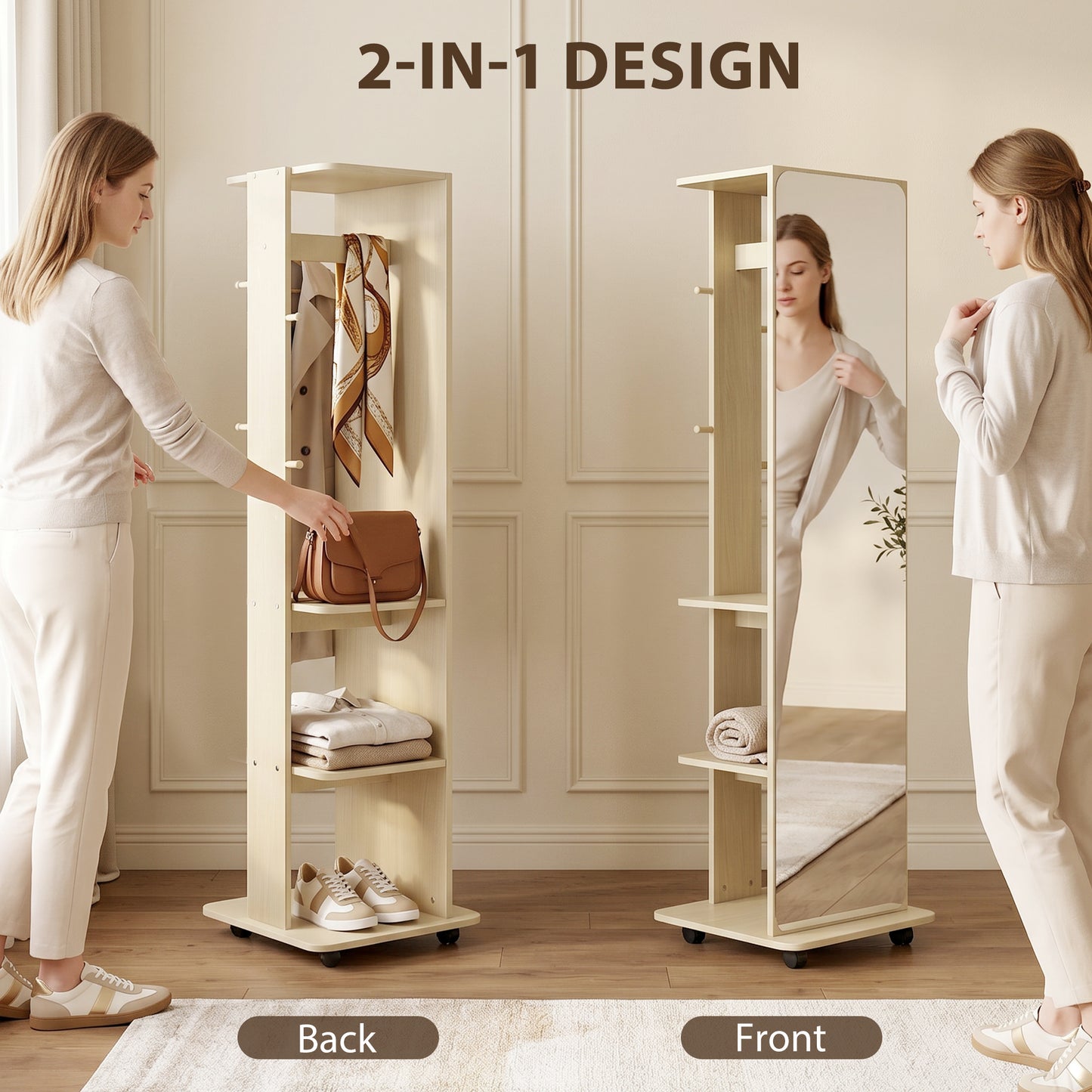 Miroir sur roulettes avec rangement et patères