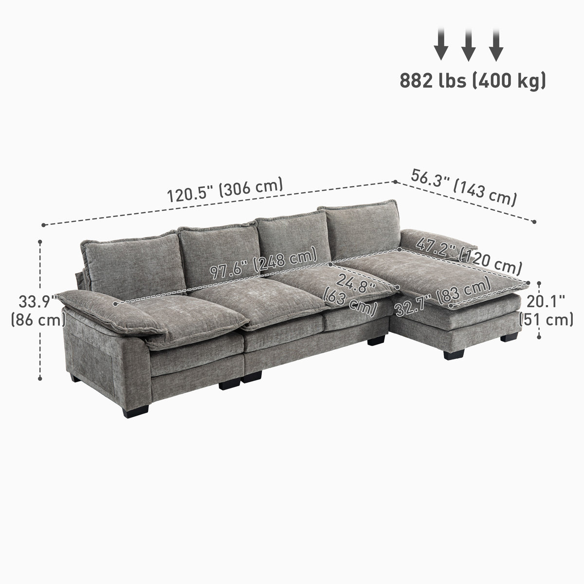 Canapé sectionnel chenille 120,5 po avec méridienne