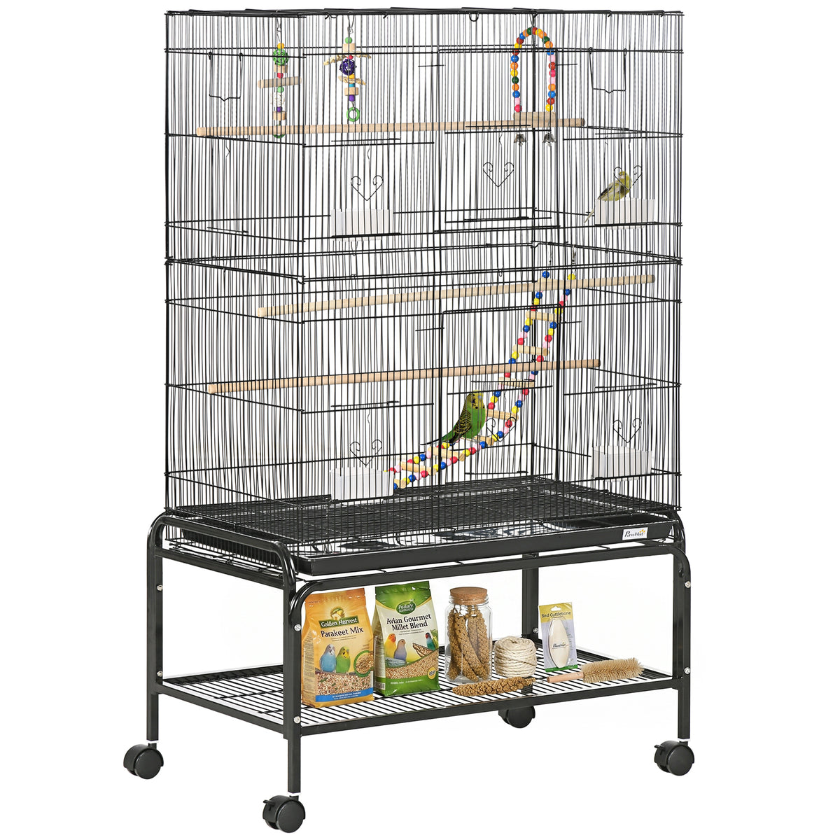 Cage à oiseaux spacieuse avec roulettes et jouets