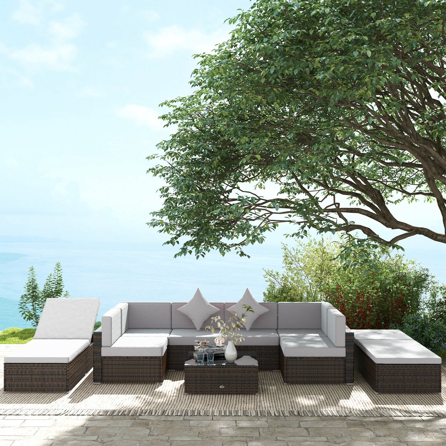 Ensemble patio 9 pièces osier modulaire avec coussins