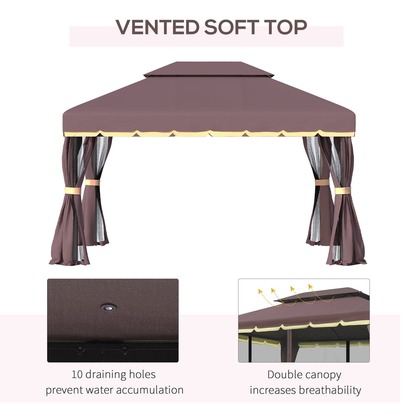 Gazebo double toit en aluminium avec filet et rideaux
