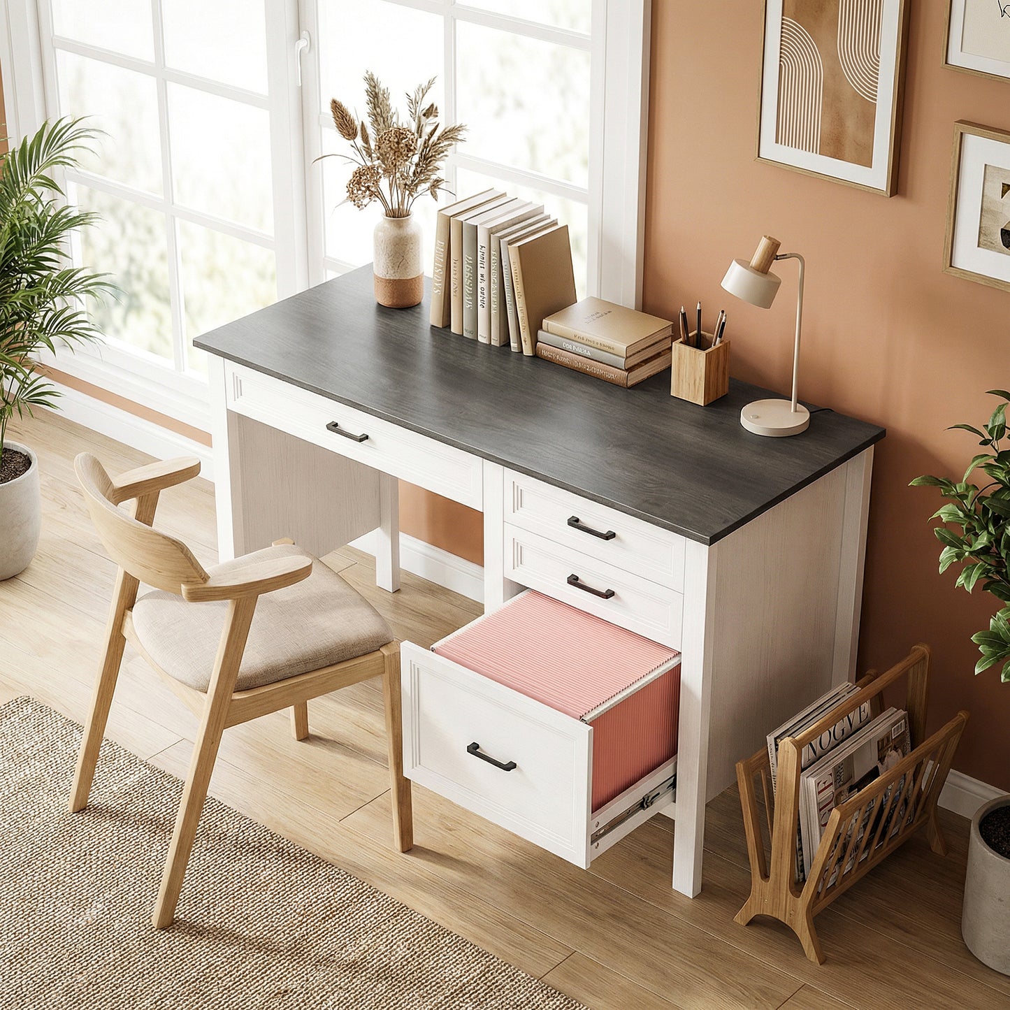 Bureau de travail style fermette avec tiroirs et classeur