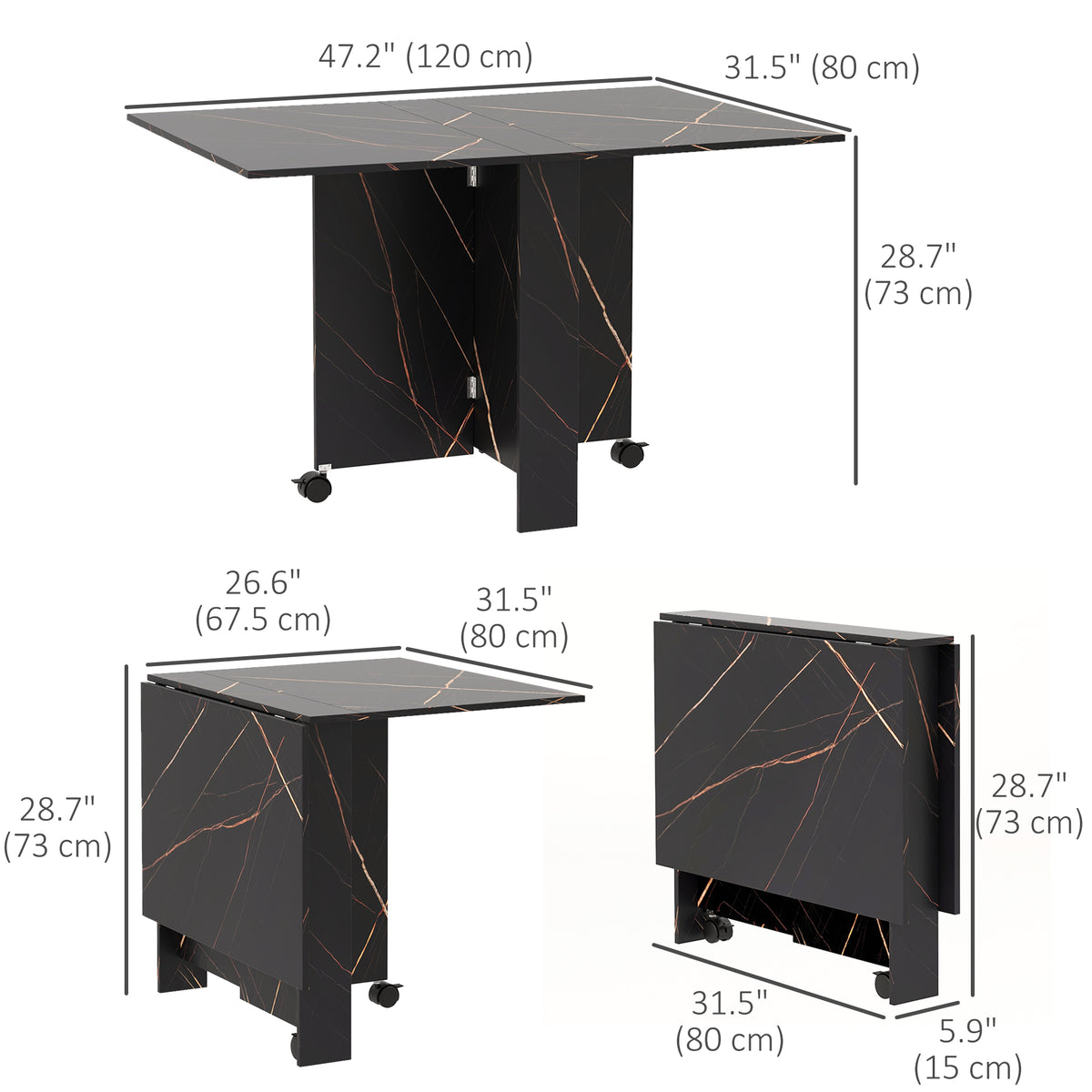 Table à manger pliante à abattants sur roulettes