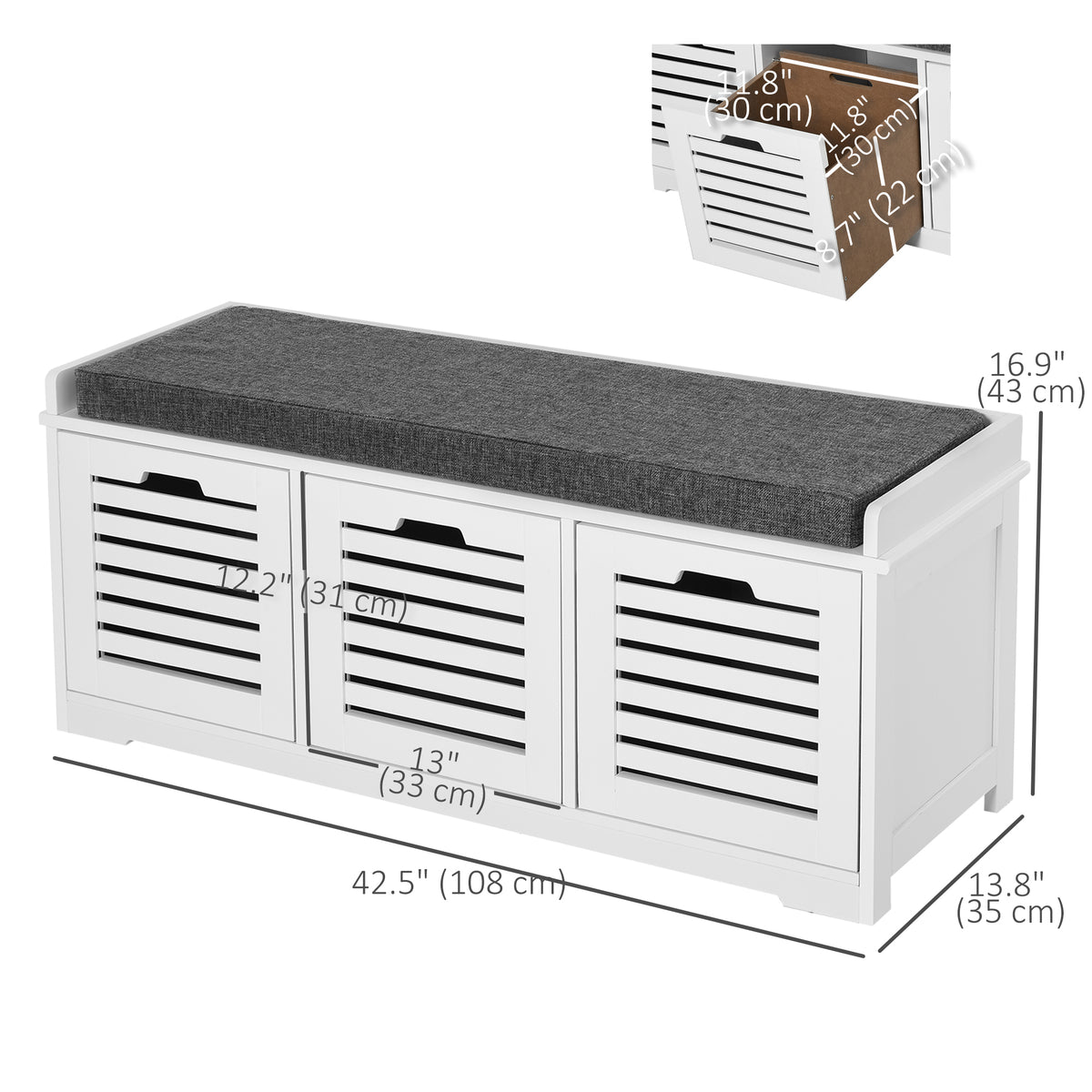 Banc de rangement pour chaussures rembourré avec 3 tiroirs