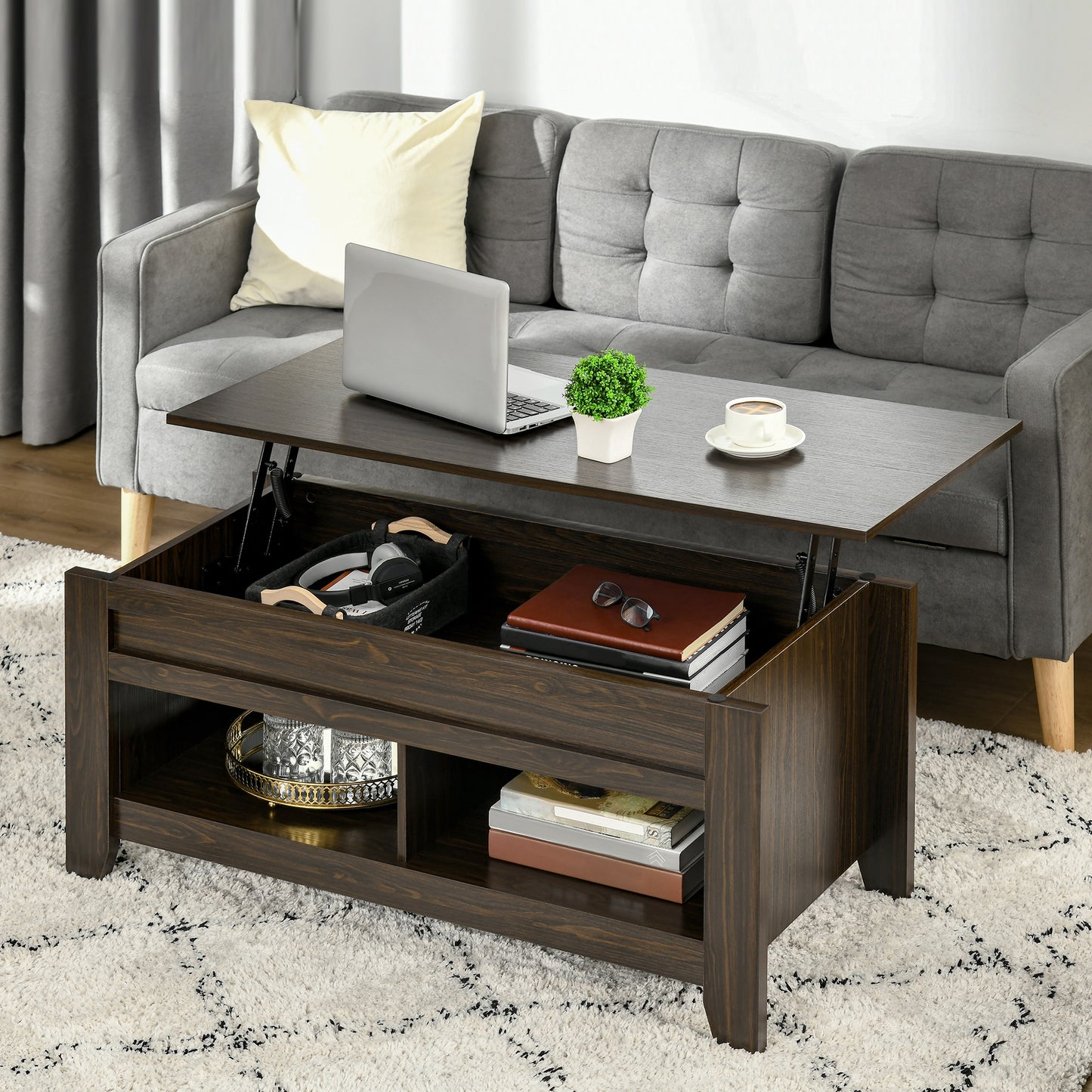 Table à café avec plateau relevable et rangement caché