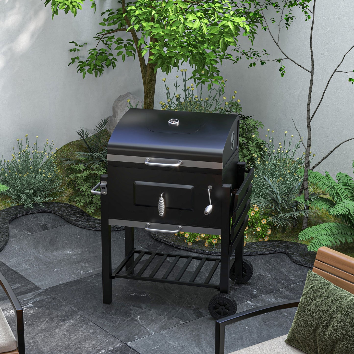 BBQ charbon portable acier inoxydable avec roues et tablette