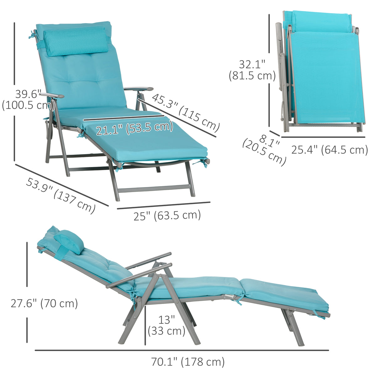 Chaise longue pliante extérieure à 7 positions avec coussin