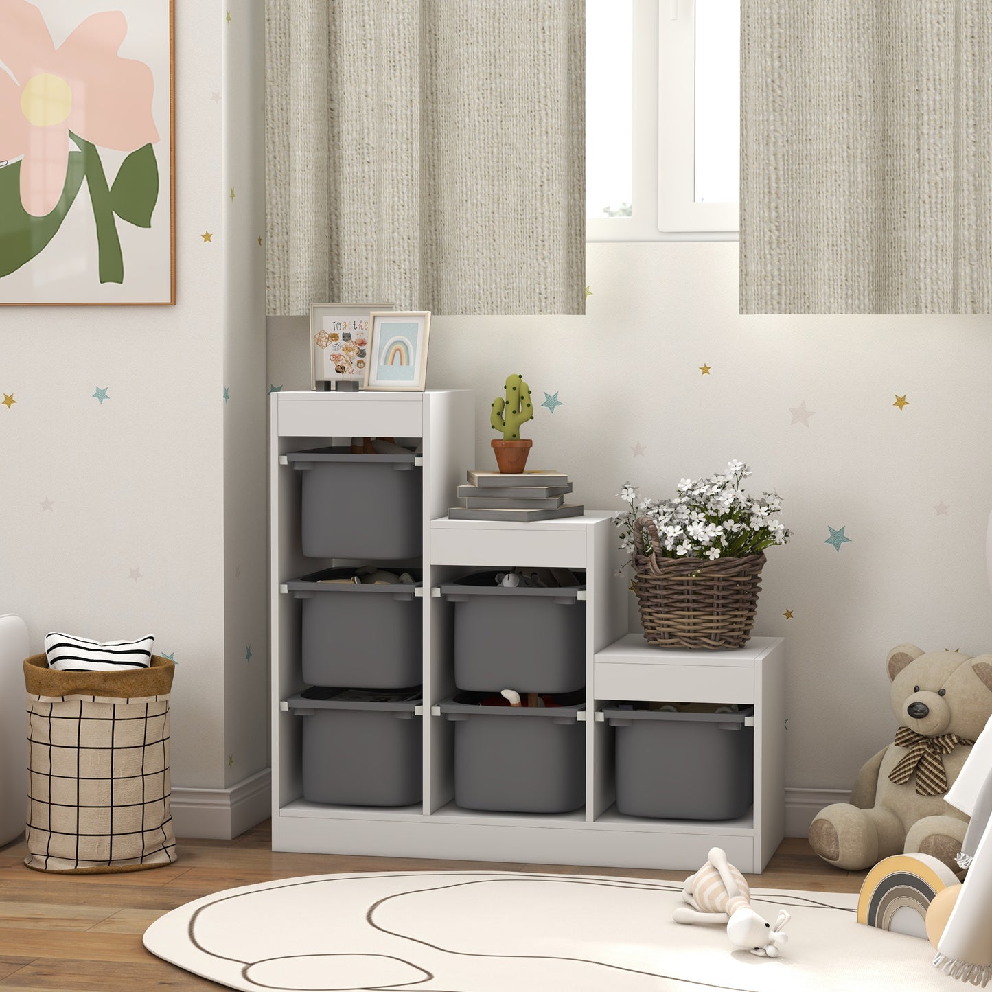 Bibliothèque rangement jouets enfants 3 niveaux 6 bacs