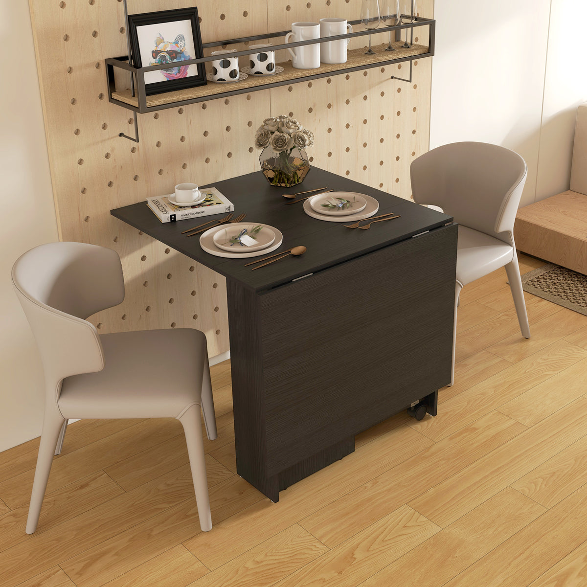 Table à manger pliante avec rangement et roulettes