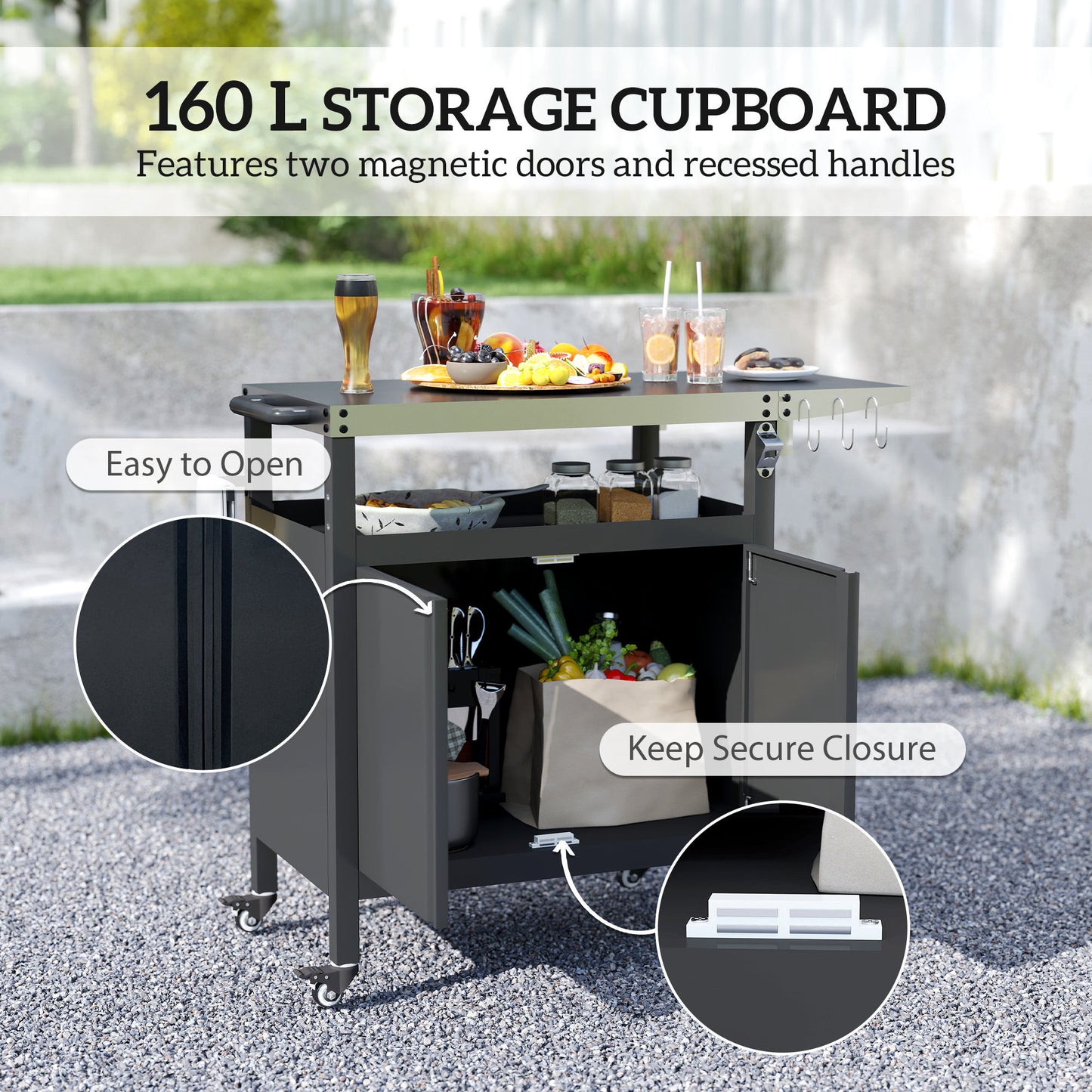 Chariot BBQ extérieur avec table pliante et dessus inox