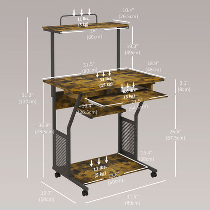 Bureau informatique mobile avec étagères et roulettes