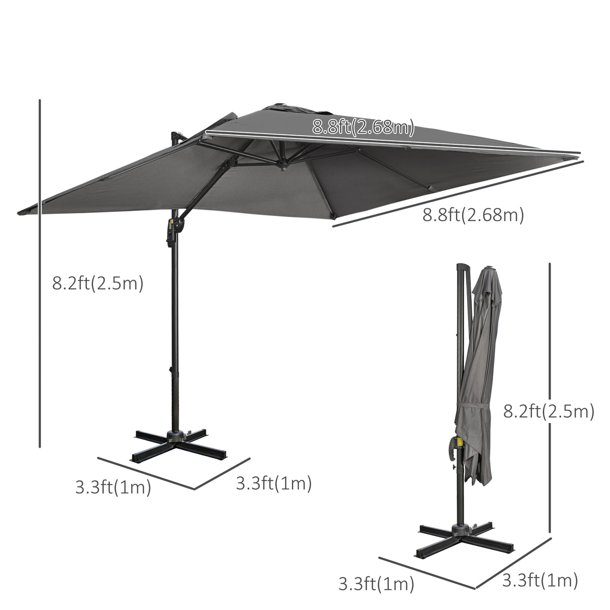 Parasol déporté carré inclinable avec manivelle et pied