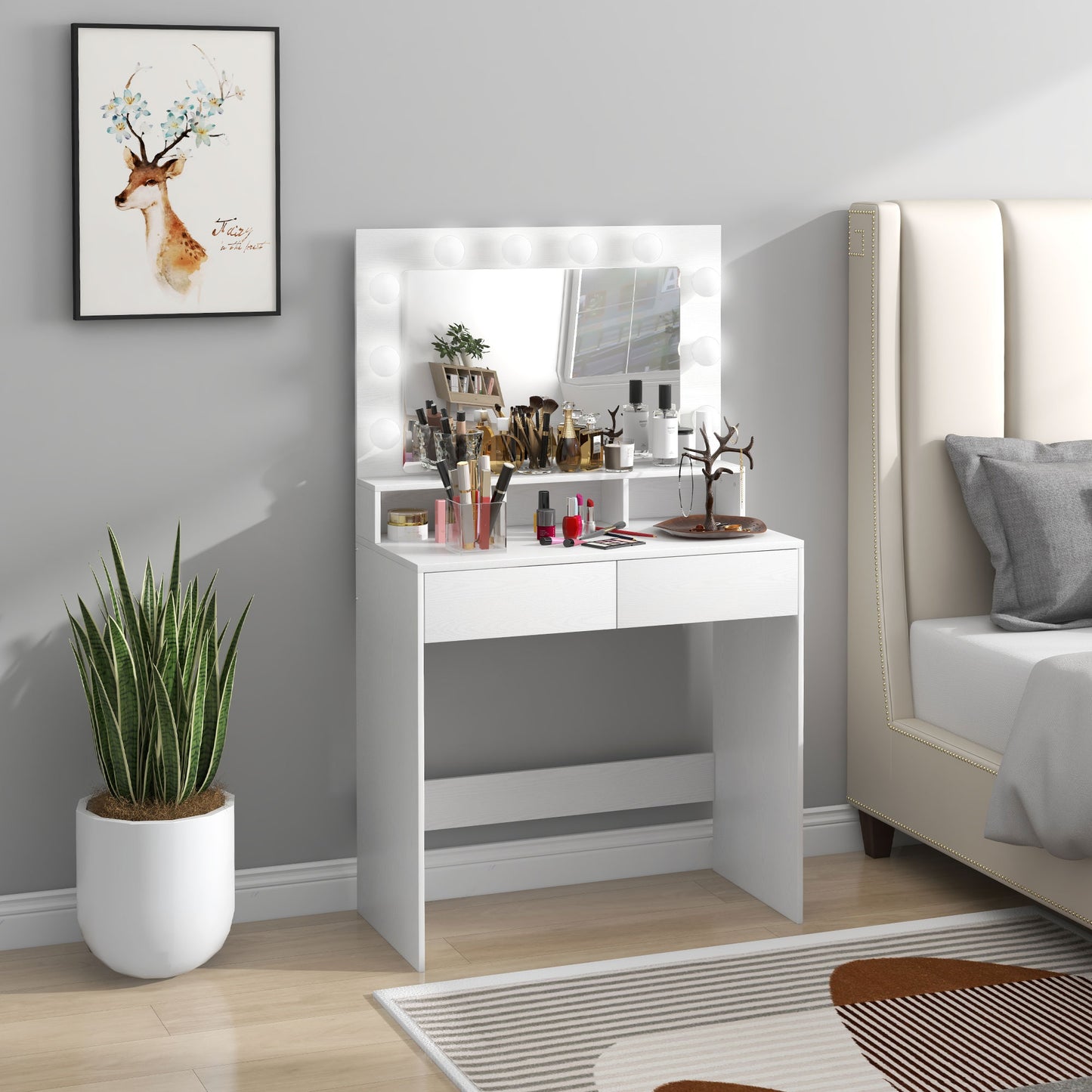 Coiffeuse avec miroir éclairé LED et tiroirs