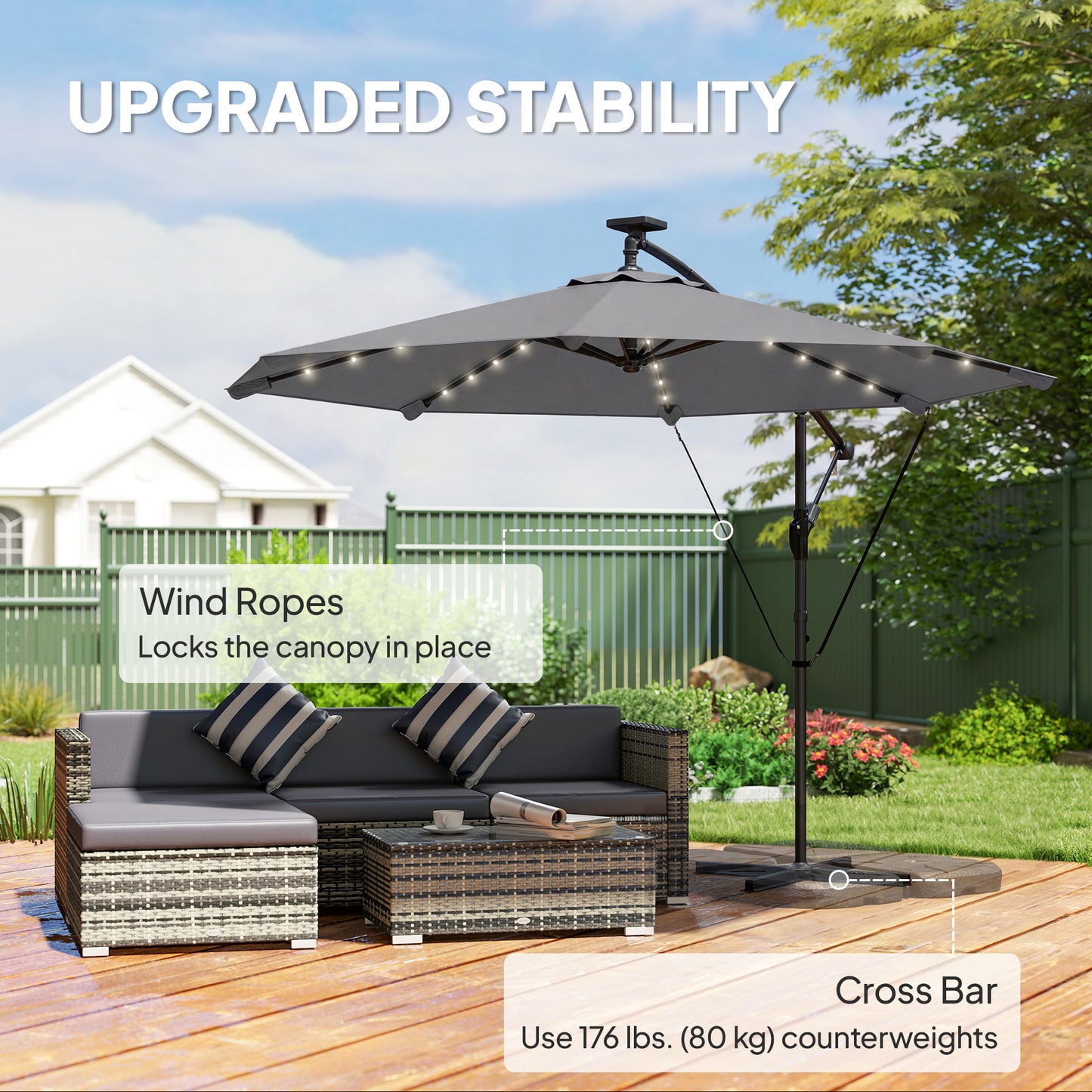 Parasol déporté solaire LED 295 cm avec éclairage