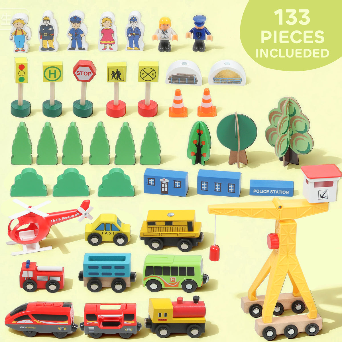 Ensemble de train en bois avec accessoires — Lot de 133