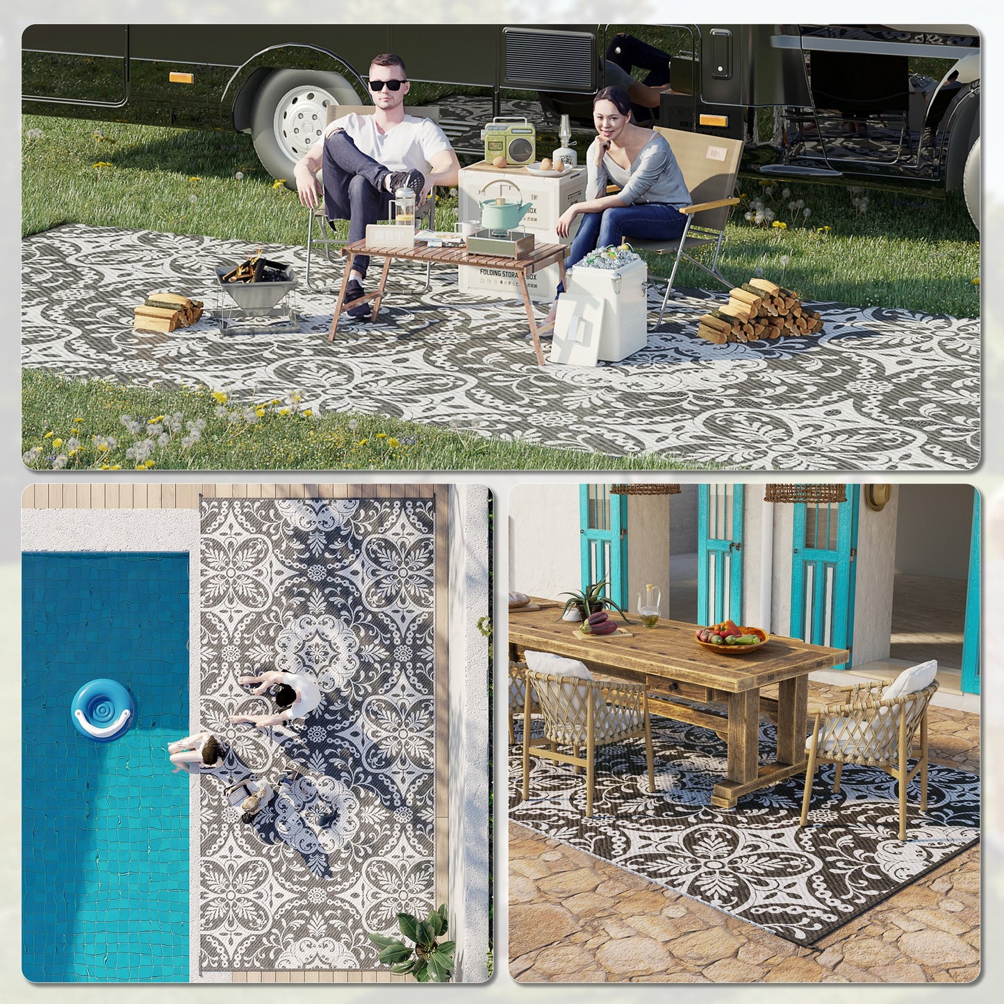 Tapis extérieur portable réversible 274 x 549 cm — Gris et blanc