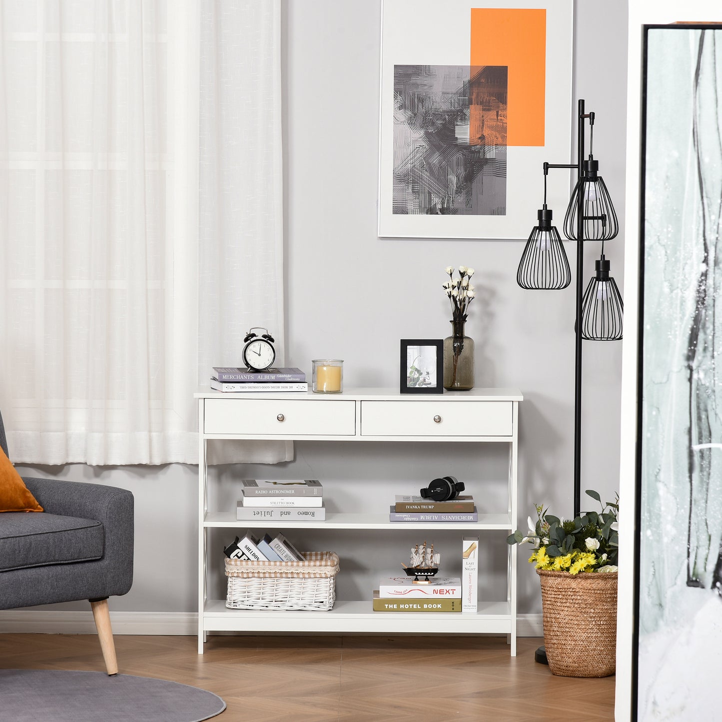 Table console étroite 99 cm avec tiroirs et étagères